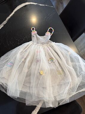 Lola + The Boys White Tulle Stripe Dress with Rainbow Accents